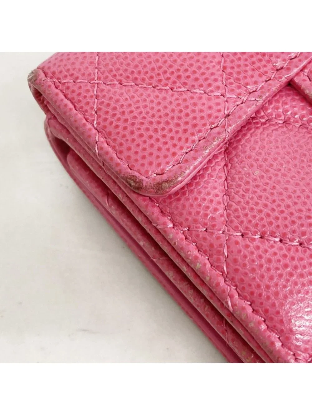 Chanel Trifold Wallet Quilted Caviar Leather Pink Gold